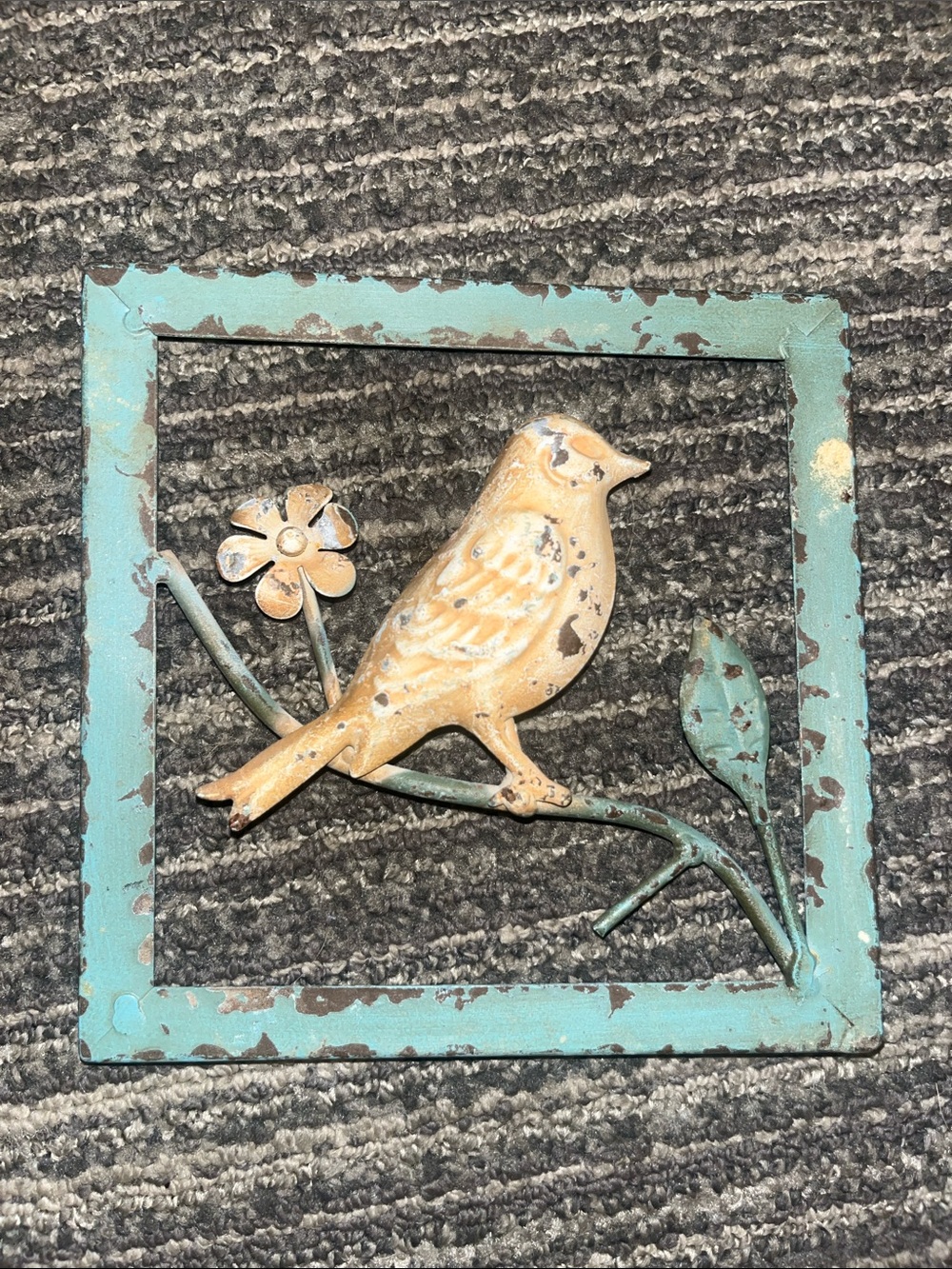 Decorative Metal Bird Wall Art - Yellow and Turquoise Rustic Distressed 730